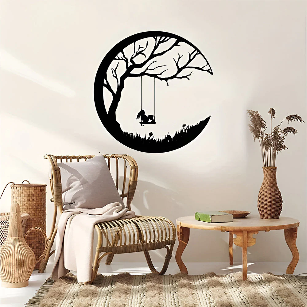 Lune et Arbre de la Pelouse avec Fille sur Balançoire Métal Décoratif Mural - Image 7