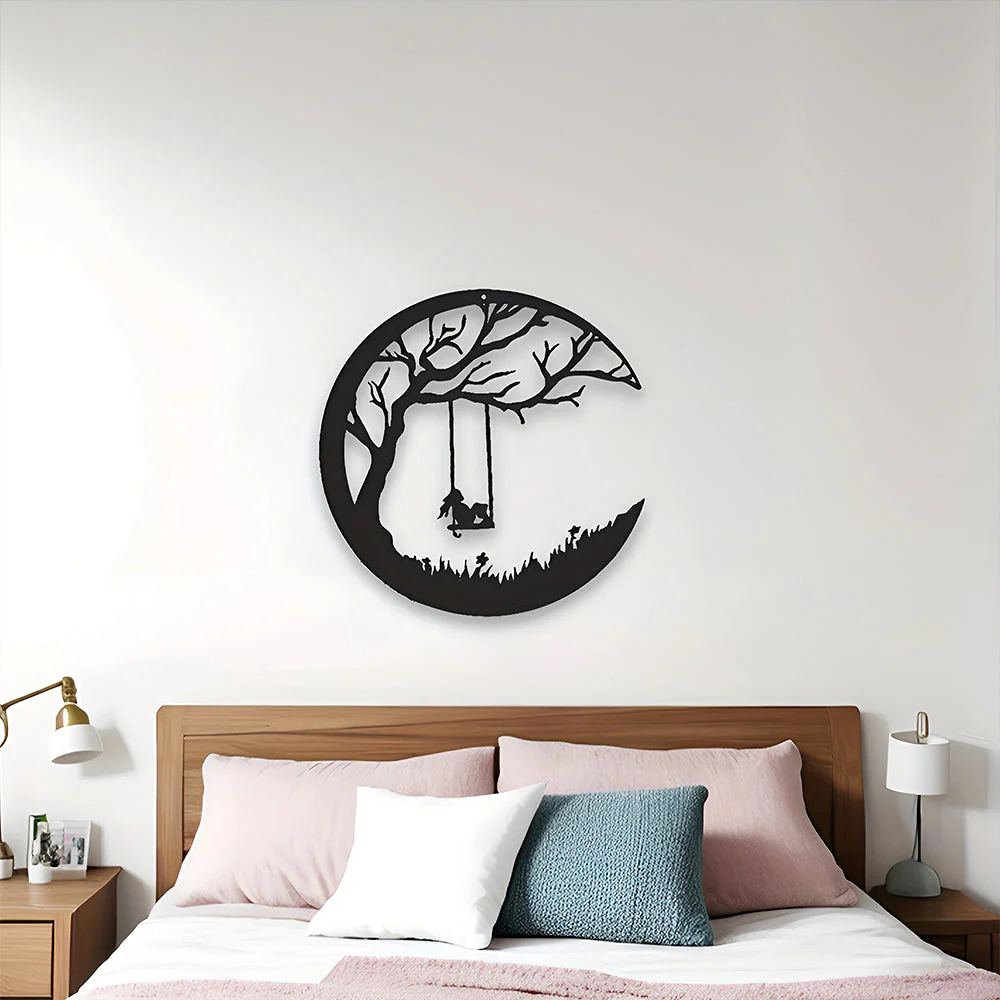 Lune et Arbre de la Pelouse avec Fille sur Balançoire Métal Décoratif Mural - Image 9