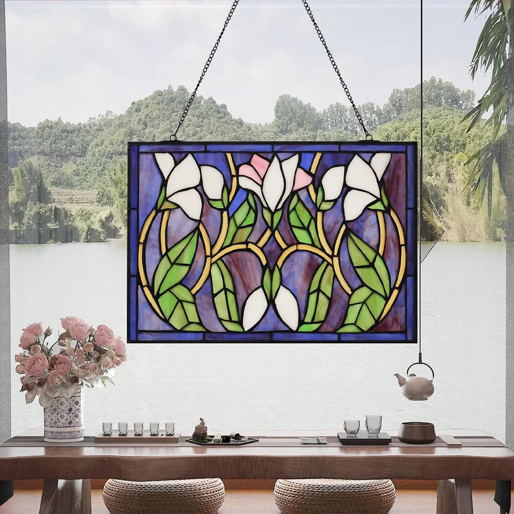 Lys Rectangulaire Attrape-Soleil Décoratif en Vitrail à Suspendre