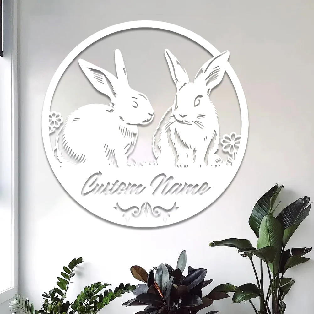Nom de Pùques Deux Lapins Personnalisé Plaque en Métal Décoratif Mural - Image 2