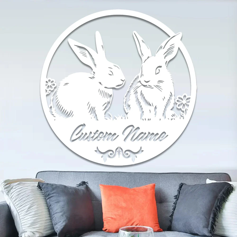 Nom de Pùques Deux Lapins Personnalisé Plaque en Métal Décoratif Mural - Image 4