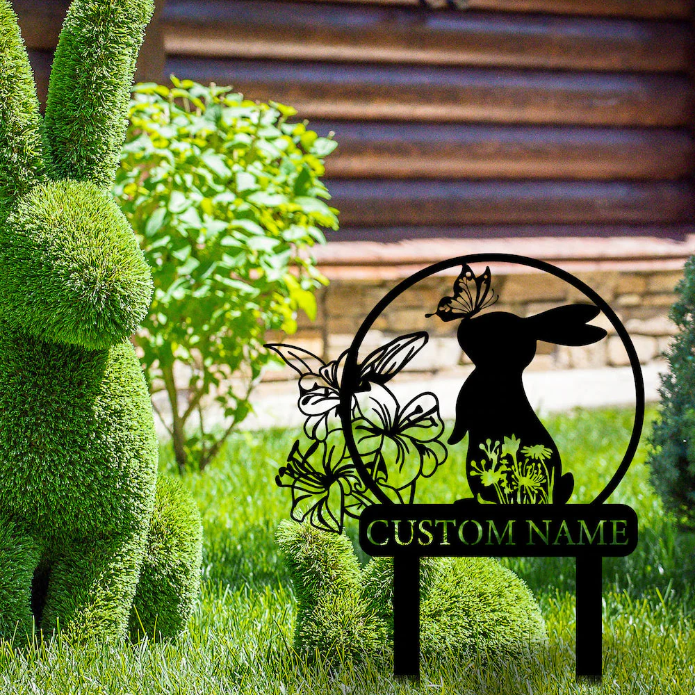 Nom Lapin de Pâques et Fleur Personnalisé Plaque Métal Décoration Extérieure de Jardin - Image 4