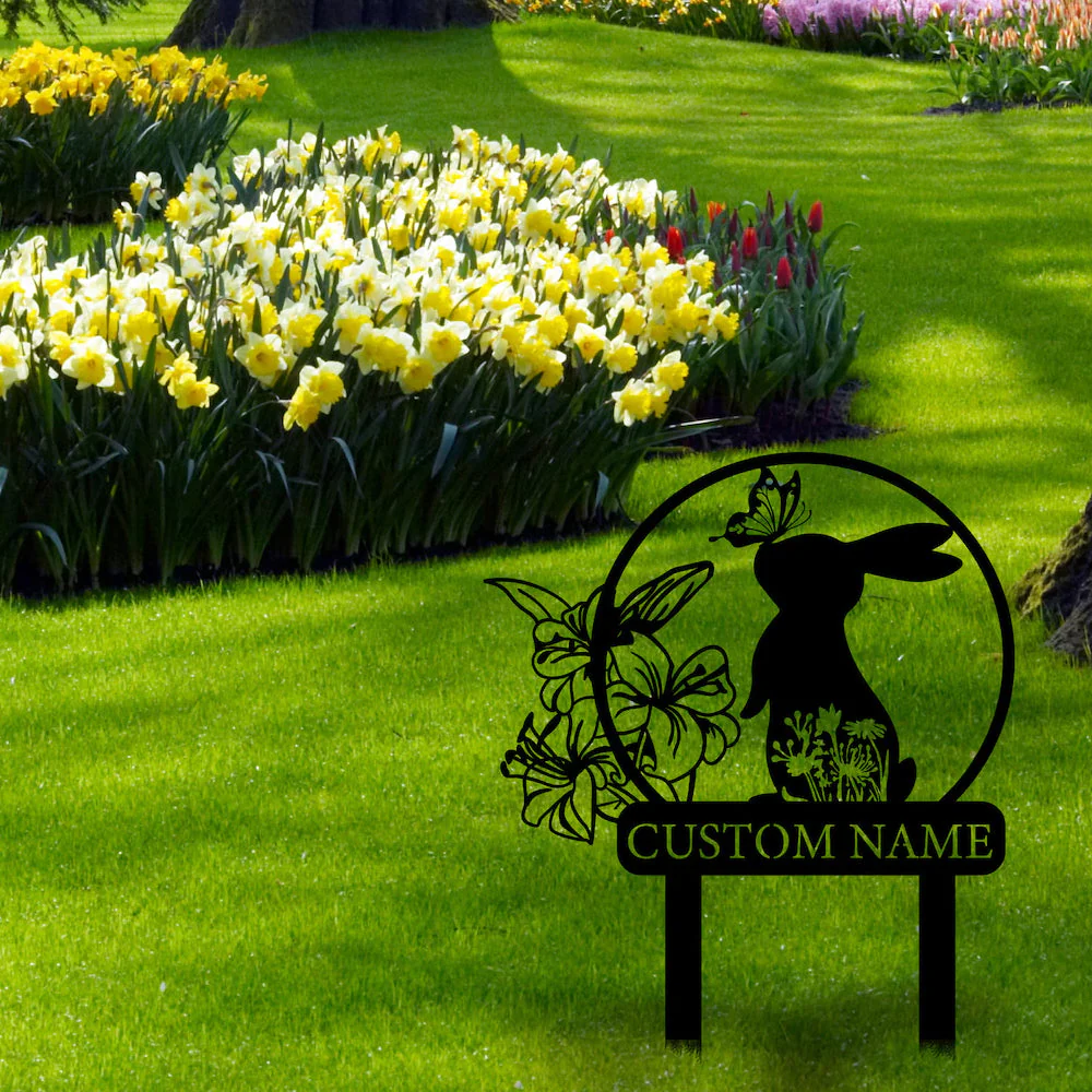 Nom Lapin de Pâques et Fleur Personnalisé Plaque Métal Décoration Extérieure de Jardin - Image 7