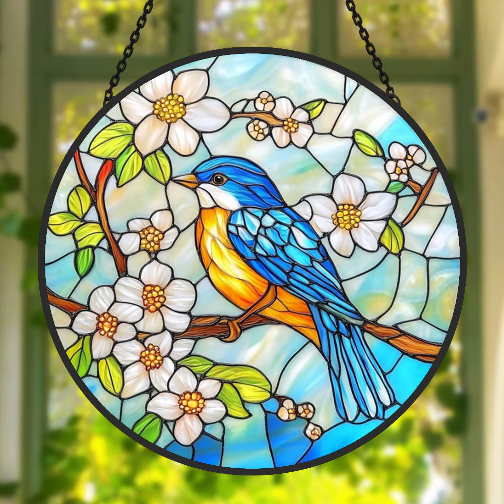 Oiseau Bleu Attrape-Soleil Décoratif en Vitrail à Suspendre
