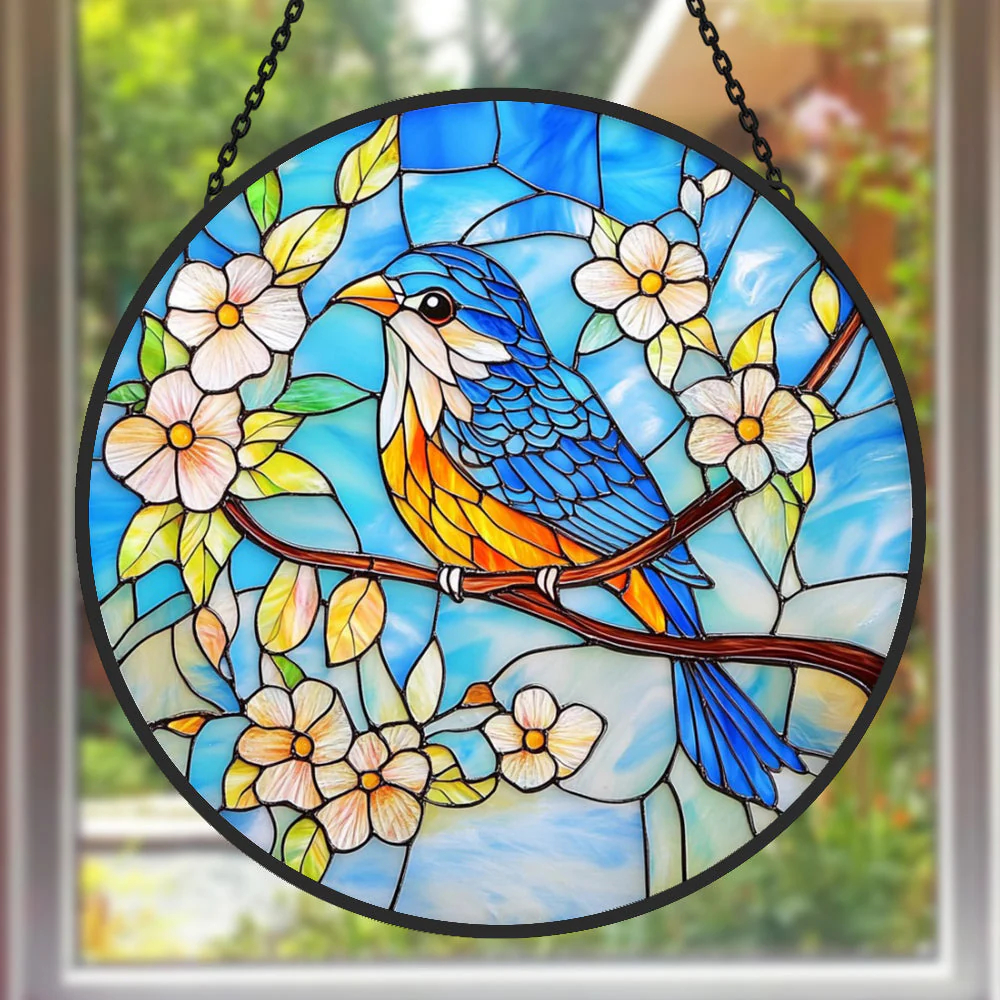 Oiseau Bleu Attrape-Soleil Décoratif en Vitrail à Suspendre