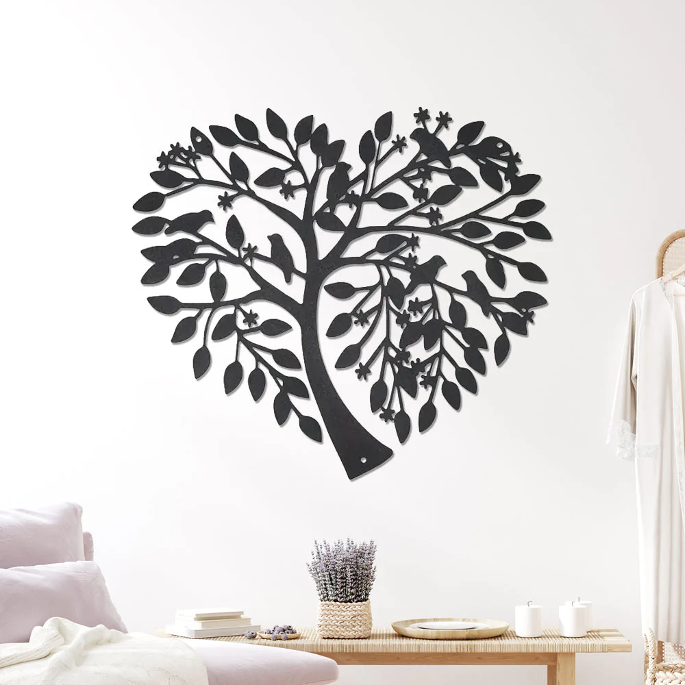 Oiseau et Arbre de la Vie en Forme de Cœur Art Mural en Métal - Image 2