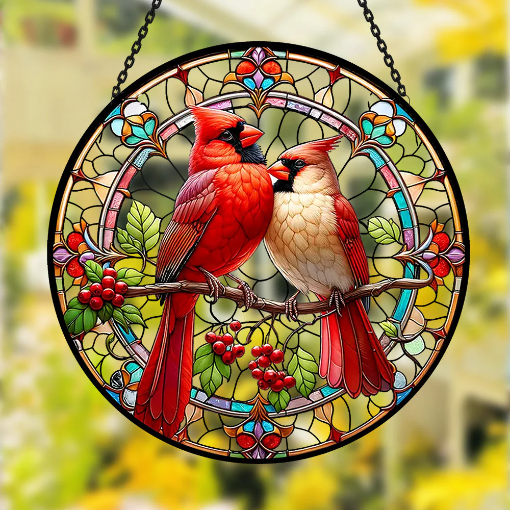 Oiseaux Cardinals Attrape-Soleil Décoratif en Vitrail à Suspendre - Image 2