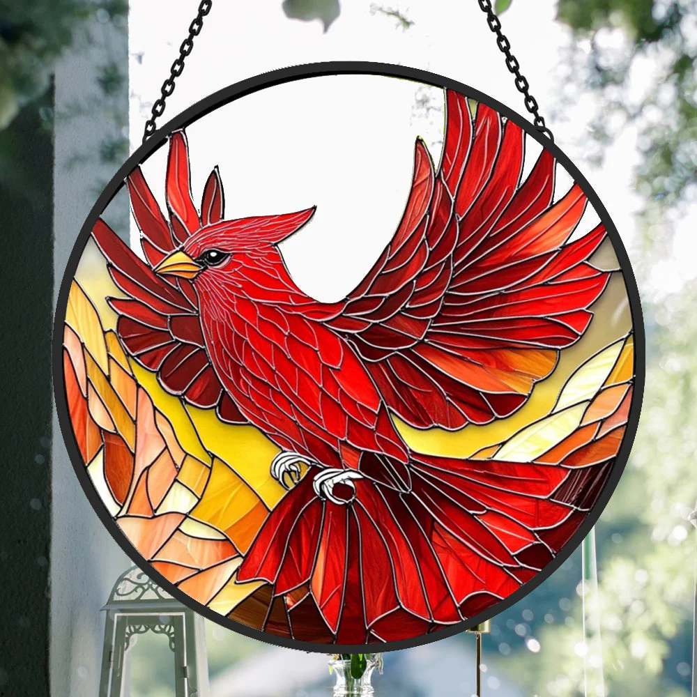 Oiseaux Cardinals Rouges Attrape-Soleil Décoratif en Vitrail à Suspendre