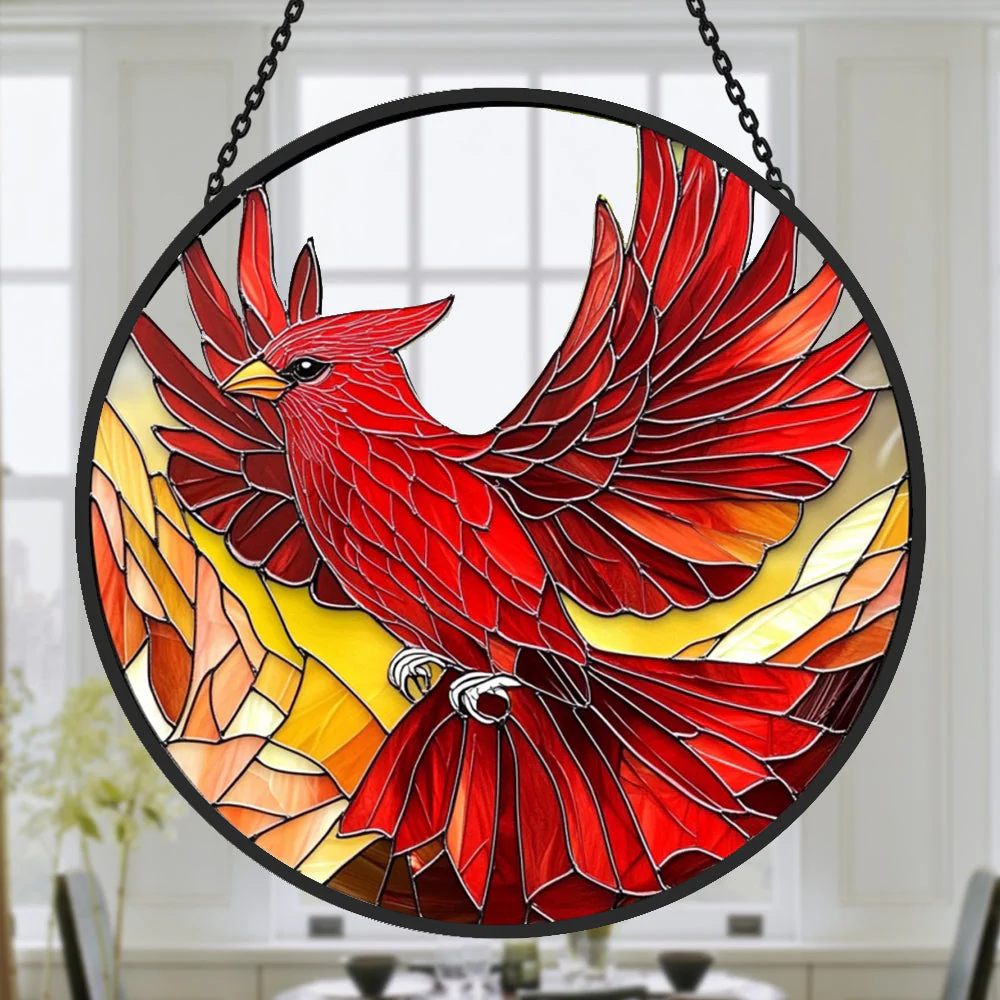 Oiseaux Cardinals Rouges Attrape-Soleil Décoratif en Vitrail à Suspendre - Image 2
