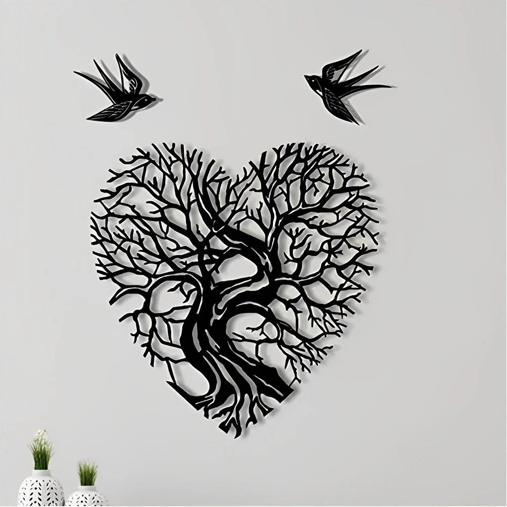 Oiseaux et Arbre de la Vie en Forme de Cœur Art Mural en Métal - Image 3