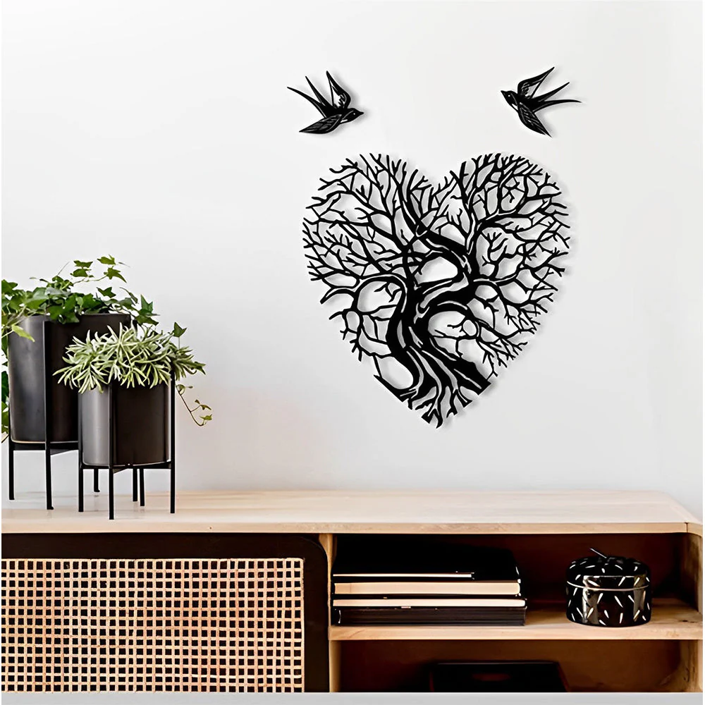 Oiseaux et Arbre de la Vie en Forme de Cœur Art Mural en Métal - Image 5