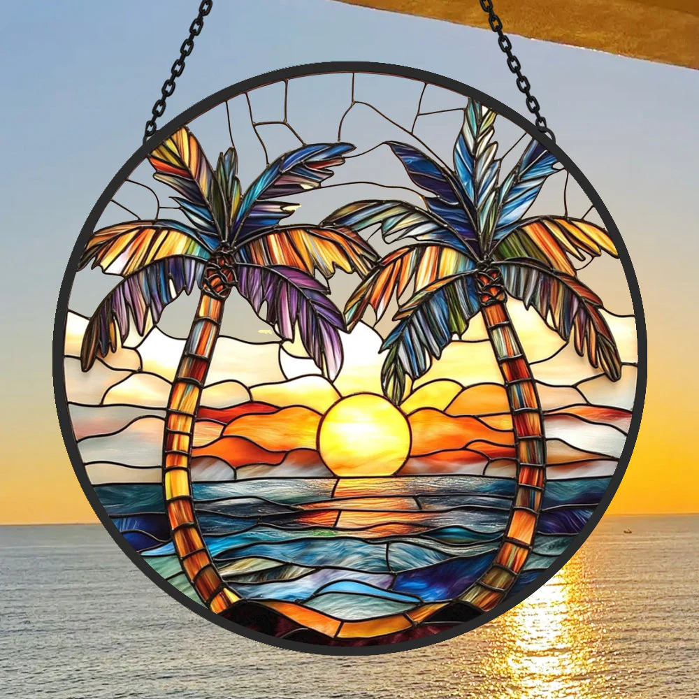 Palmier au Coucher de Soleil Tropical Attrape-Soleil Décoratif en Vitrail à Suspendre