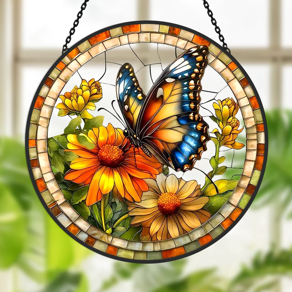 Papillon Attrape-Soleil Décoratif en Vitrail à Suspendre