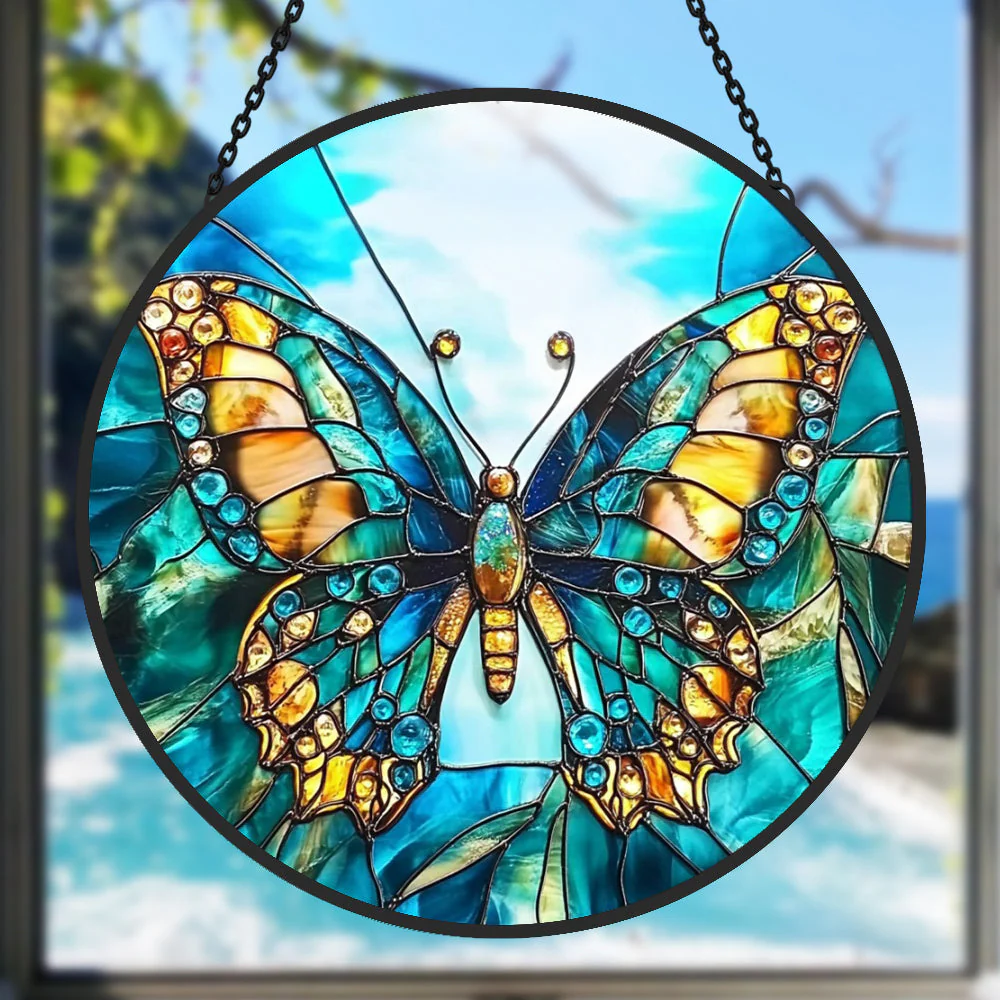 Papillon Attrape-Soleil Décoratif en Vitrail à Suspendre