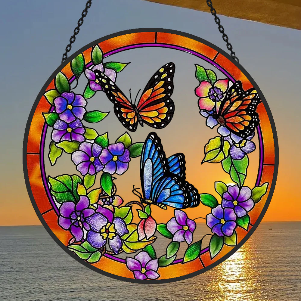Papillon Attrape-Soleil Décoratif en Vitrail à Suspendre