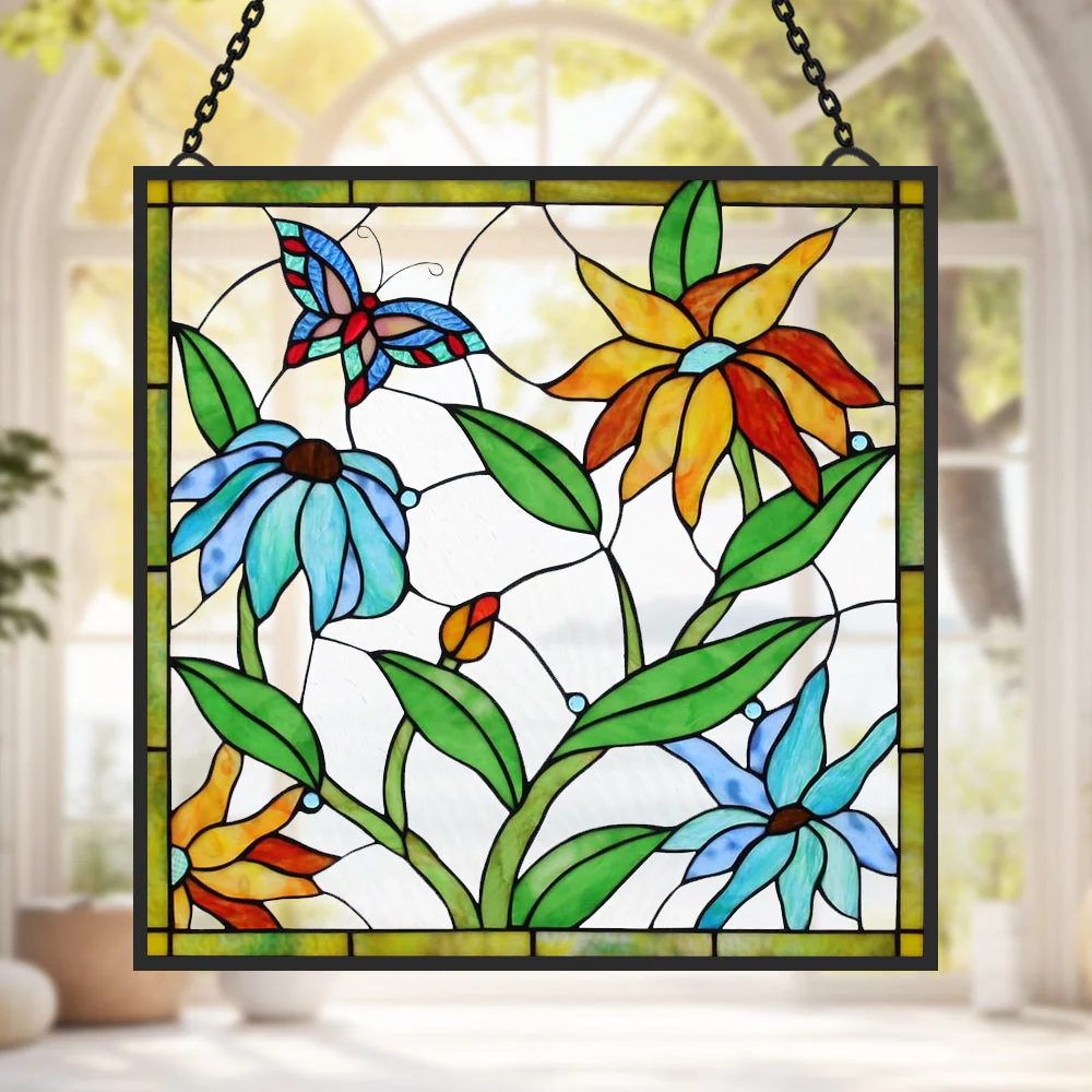 Papillons et Fleurs Attrape-Soleil Décoratif en Vitrail à Suspendre