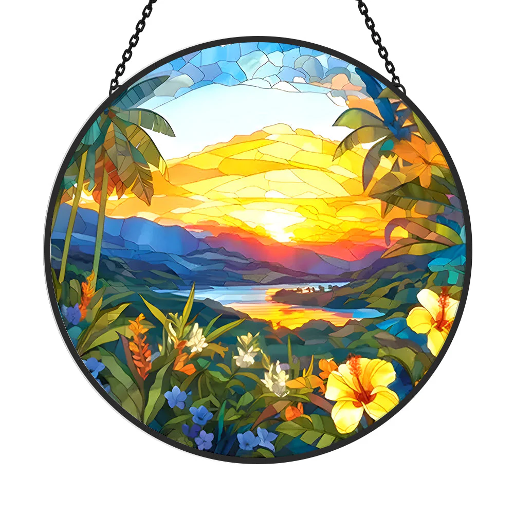 Peinture de Paysage en Acrylique Attrape-Soleil Décoratif en Vitrail à Suspendre - Image 3