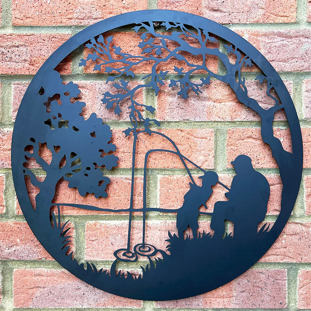 Père et Fils Pêchant Arbre de la Vie Métal Décoratif Mural
