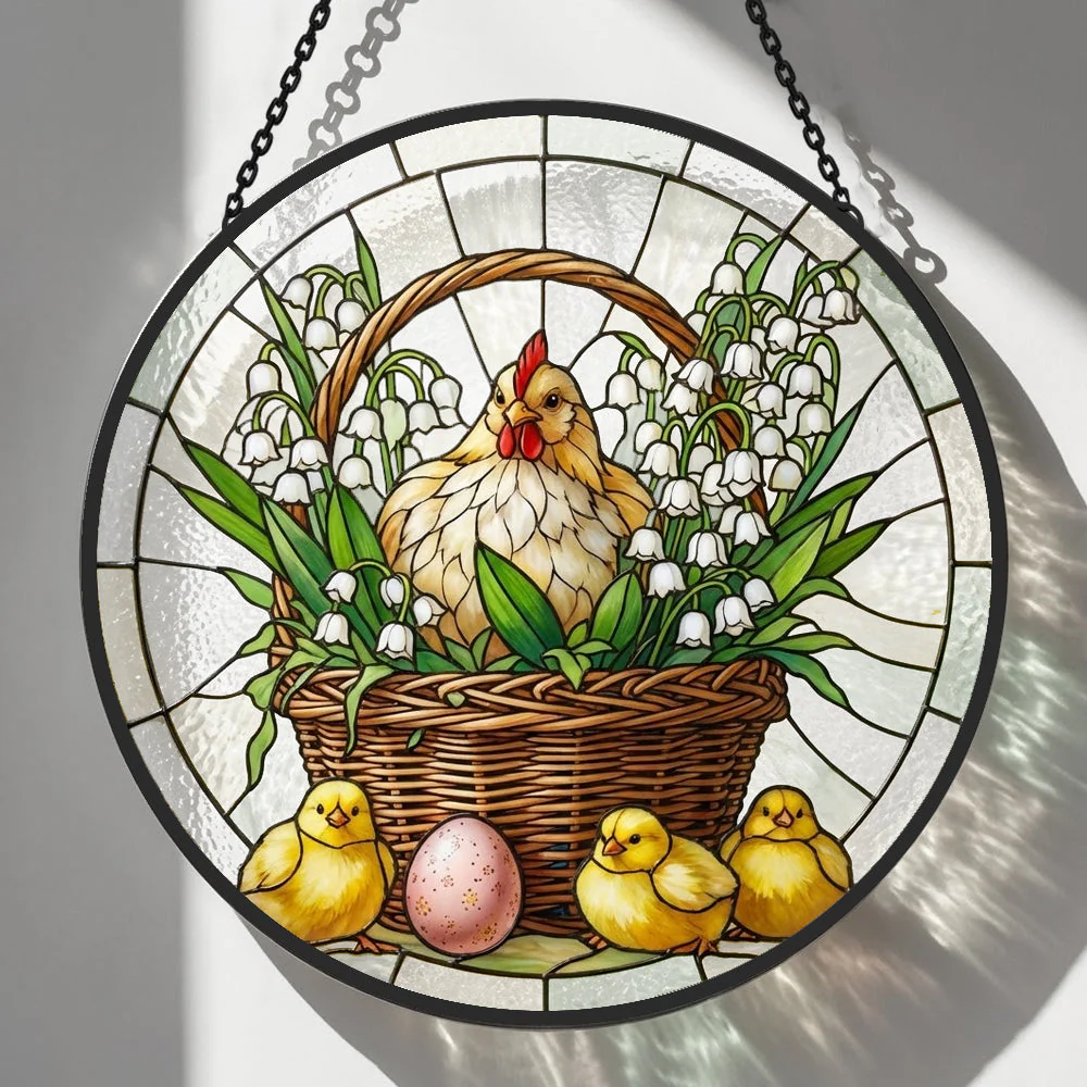 Poule de Pâques Attrape-Soleil en Vitrail - Décoration Suspendue pour Fenêtre