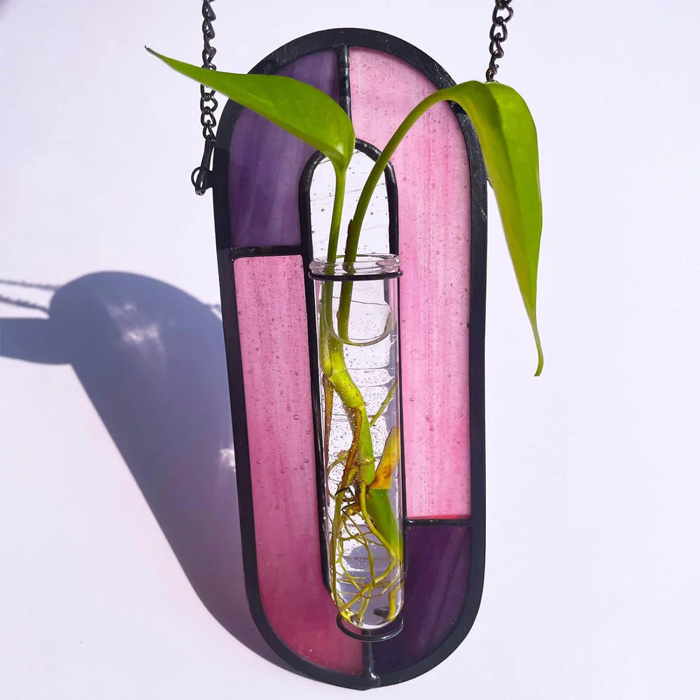 Rose Poussiéreux Vase de Bouturage Suspendu en Vitrail – Support pour Plante Attrape-Soleil Coloré