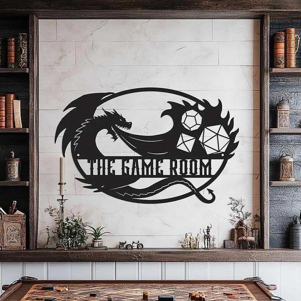Salle de Jeu Dragon et Dés Plaque Personnalisée en Métal Décoratif Mural