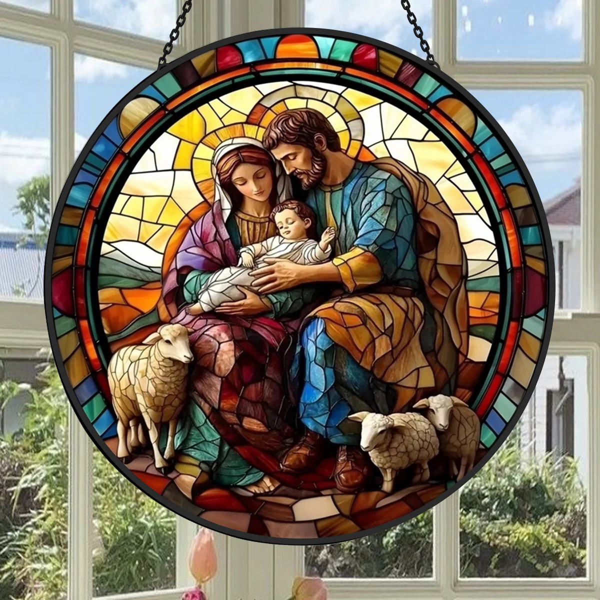 Scène de la Nativité Attrape-Soleil Décoratif en Vitrail à Suspendre - Image 2