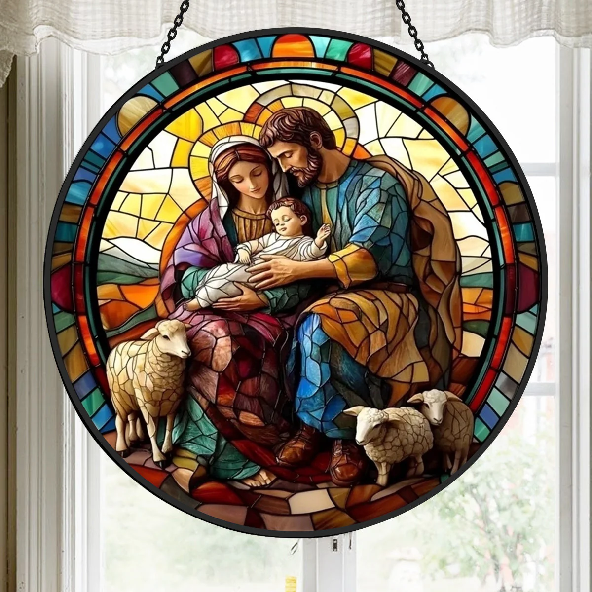 Scène de la Nativité Attrape-Soleil Décoratif en Vitrail à Suspendre - Image 3