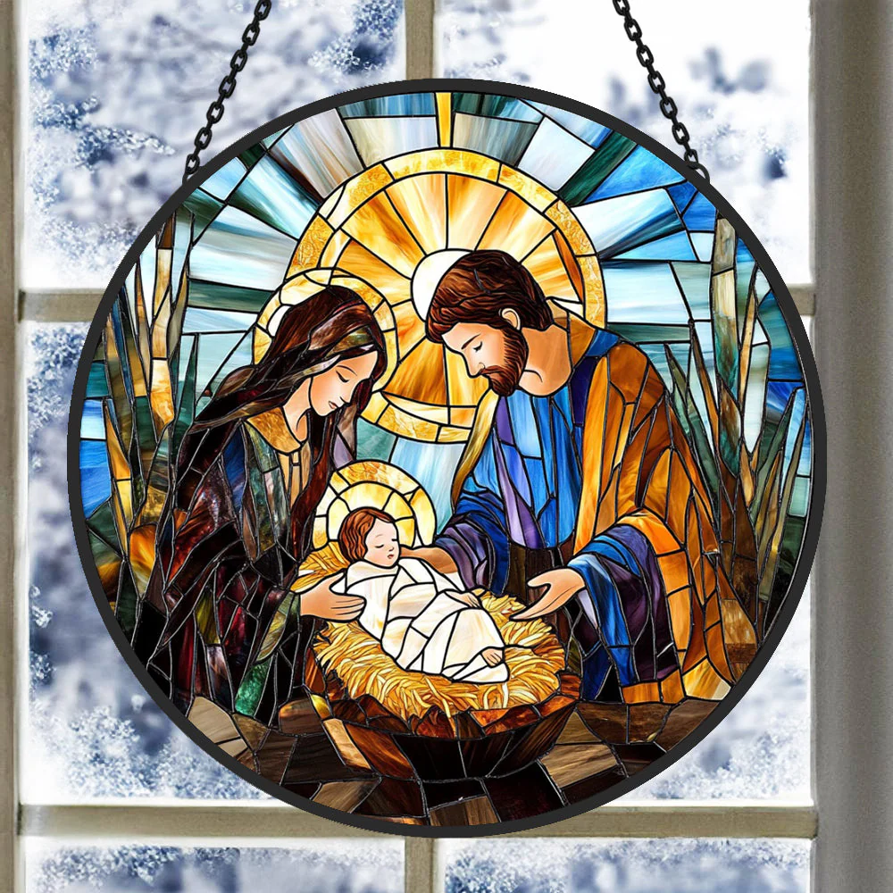 ScÚne de la Nativité Attrape-Soleil Décoratif en Vitrail à Suspendre