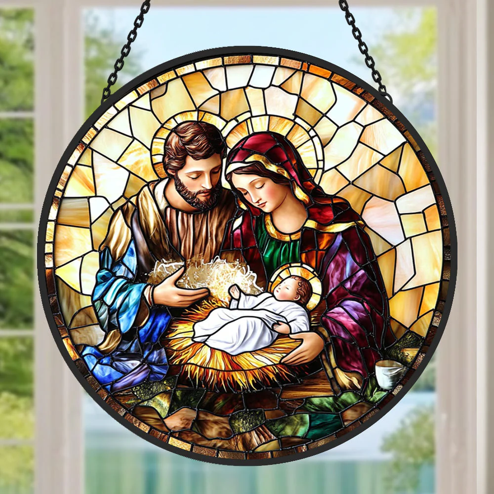 Scène de la Nativité Attrape-Soleil Décoratif en Vitrail à Suspendre