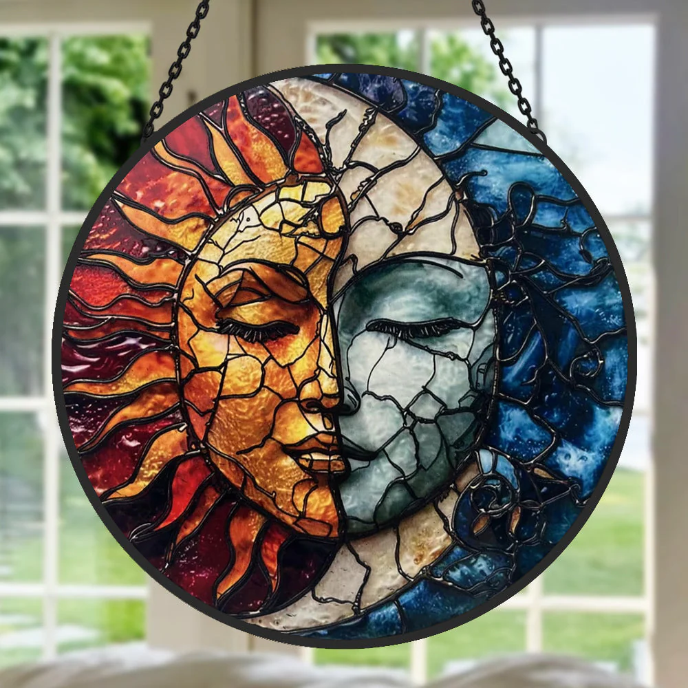 Soleil et Lune Attrape-Soleil Décoratif en Vitrail à Suspendre