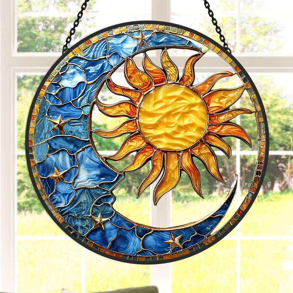 Soleil et Lune Célestes Attrape-Soleil Décoratif en Vitrail à Suspendre