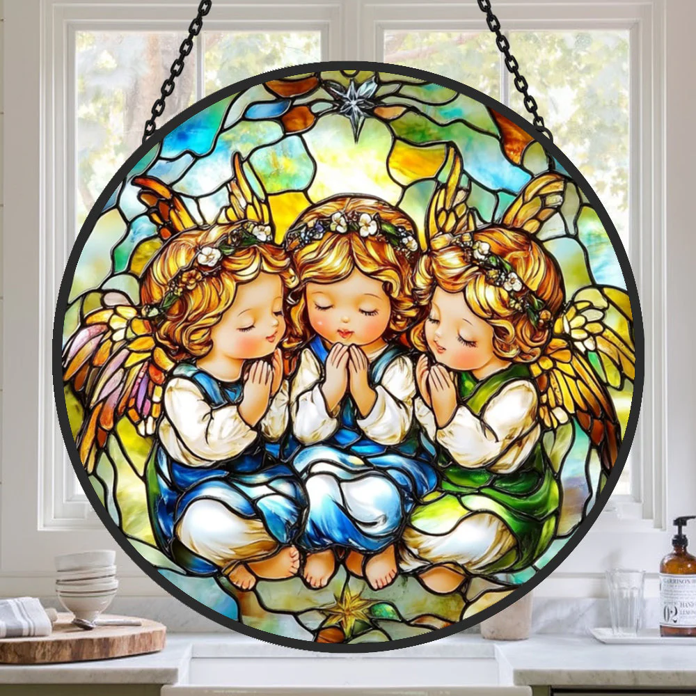 Trio d'Anges Attrape-Soleil Décoratif en Vitrail à Suspendre