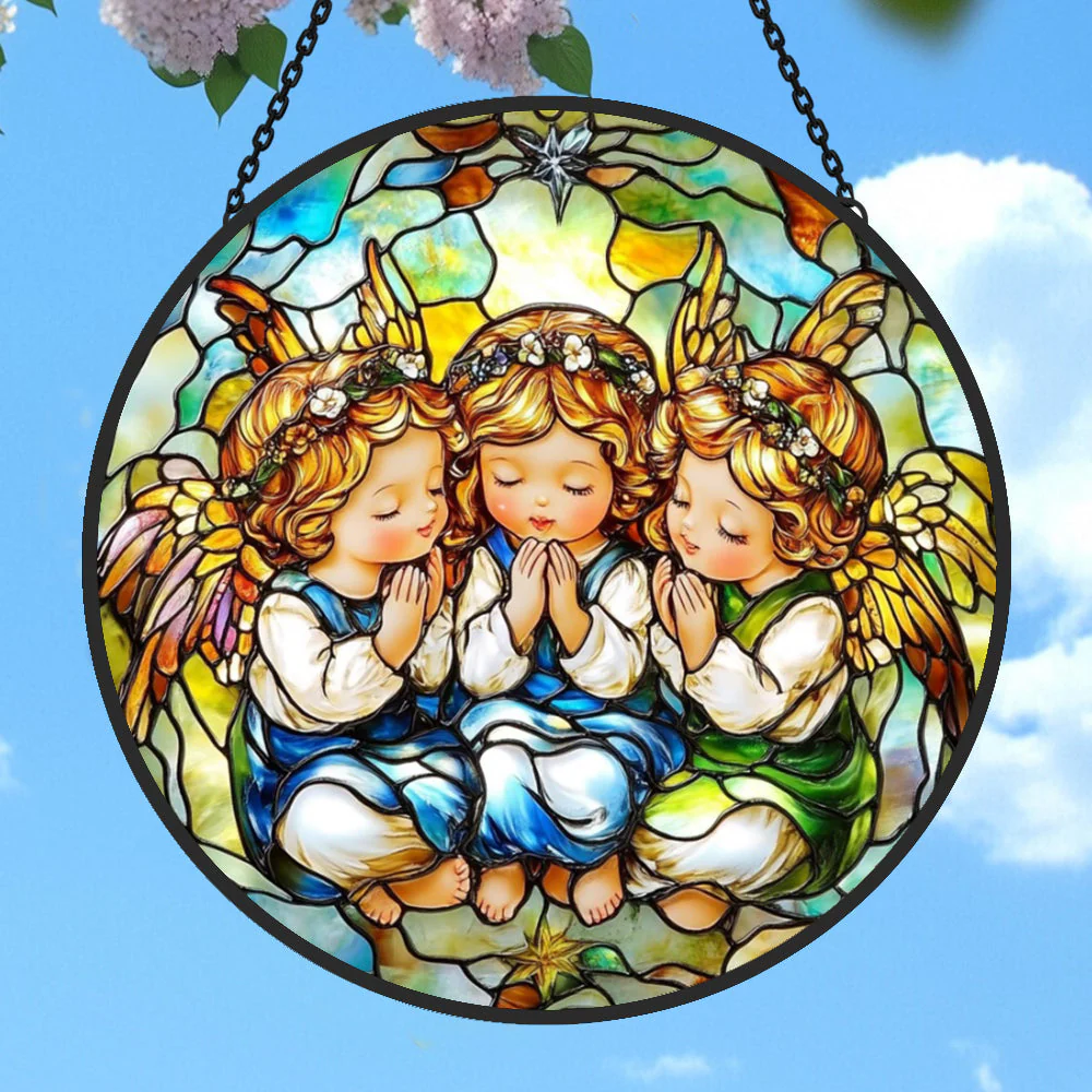 Trio d'Anges Attrape-Soleil Décoratif en Vitrail à Suspendre - Image 2