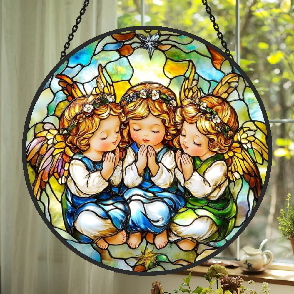 Trio d'Anges Attrape-Soleil Décoratif en Vitrail à Suspendre - Image 3