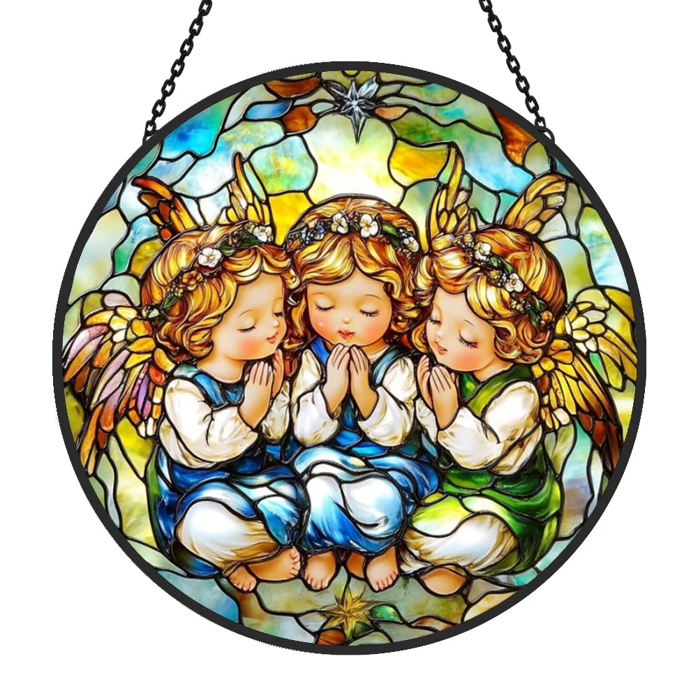 Trio d'Anges Attrape-Soleil Décoratif en Vitrail à Suspendre - Image 4