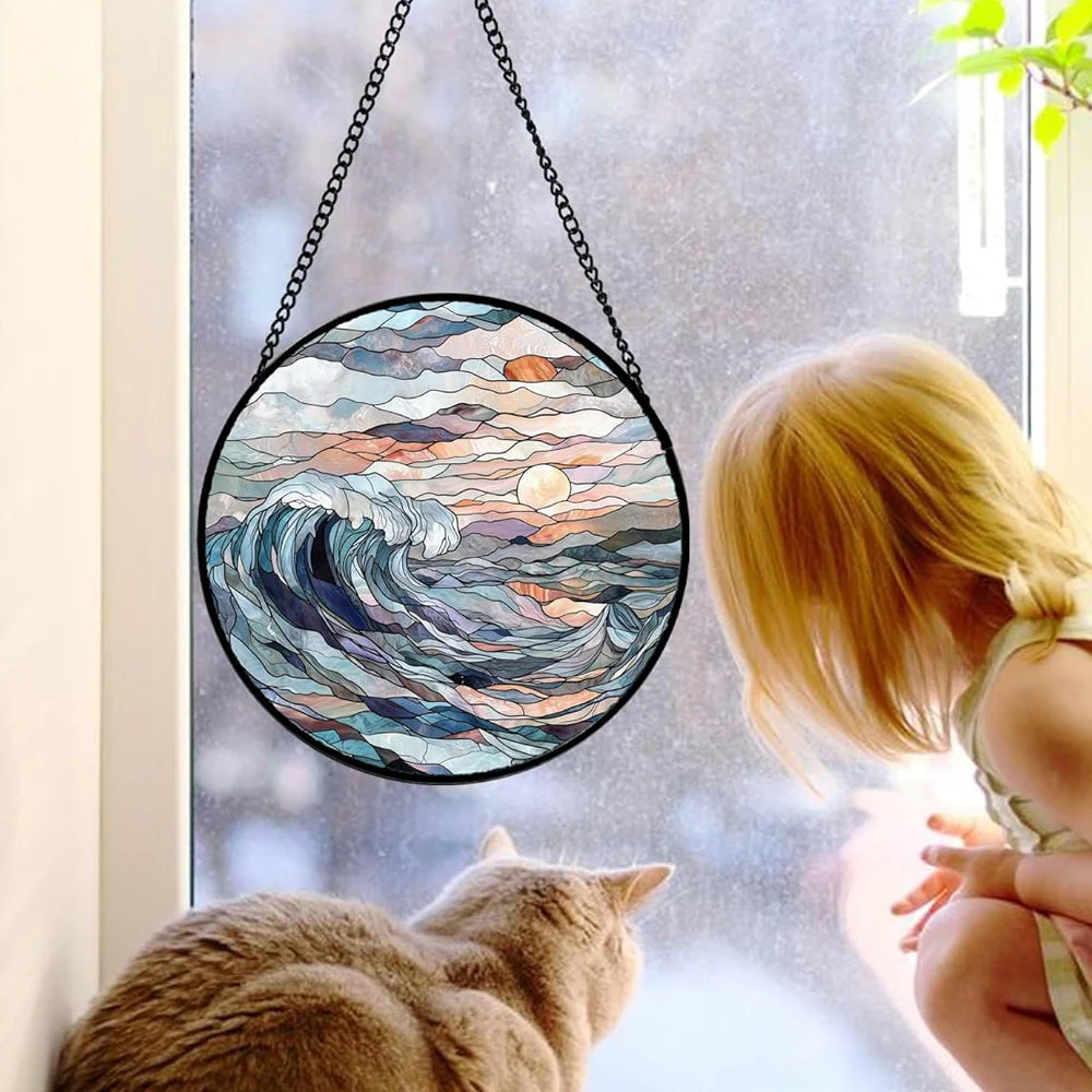 Vagues au Lever du Soleil Attrape-Soleil Décoratif en Vitrail à Suspendre - Image 2