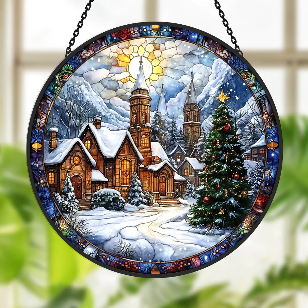Village de Neige de Noël Attrape-Soleil Décoratif en Vitrail à Suspendre - Image 2