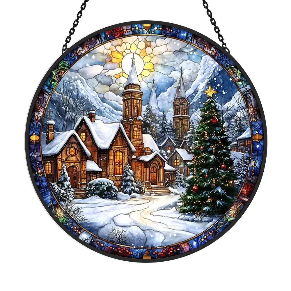 Village de Neige de Noël Attrape-Soleil Décoratif en Vitrail à Suspendre - Image 3